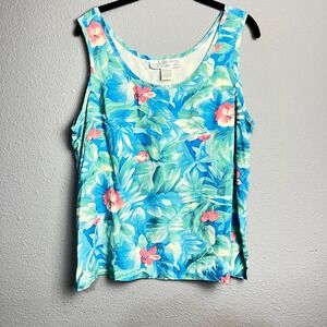 Pineapple Moon Silk Tropical Floral Tank Top XL Blue Pink Sleeveless Coastal